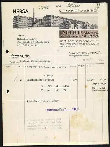 Rechnung Neukirchen i. Erzgeb. 1938, H. Steudten AG, Strumpffabriken, Modellansicht der Fabrikanlage