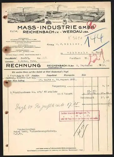 Rechnung Reichenbach i. V. 1933, Mass-Industrie GmbH, Zentralfabrik und Zweigwerke in Eger und Werdau