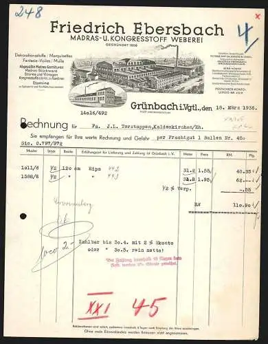 Rechnung Grünbach i. Vgtl. 1936, Friedrich Ebersbach, Madras- und Kongressstoff-Weberei, Ansicht zweier Werke