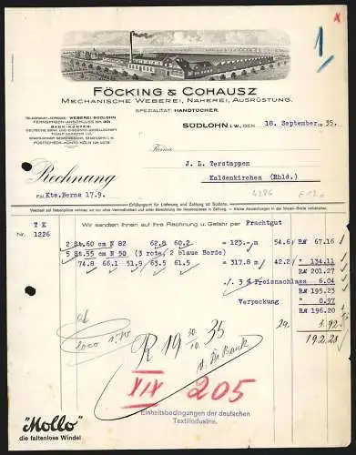 Rechnung Südlohn i. W. 1935, Föcking & Cohausz, Mechanische Weberei, Die Fabrikanlage aus der Vogelschau