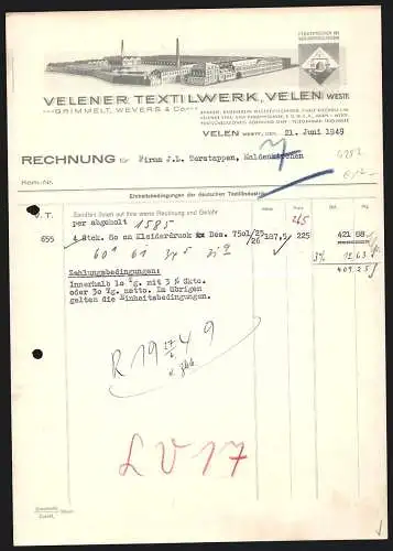 Rechnung Velen 1949, Grimmelt, Wevers & Co., Textilwerk, Betriebsgelände mit Innenhof, Schutzmarke