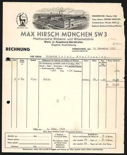 Rechnung München 1931, Max Hirsch, Mechanische Weberei und Wäschefabrik, Fabriksansicht und Warenzeichen