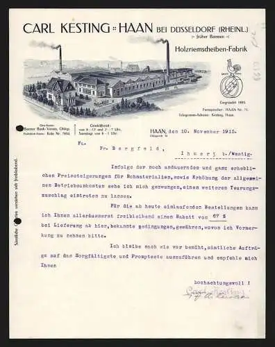 Rechnung Haan bei Düsseldorf 1915, Carl Kesting, Holzriemscheiben-Fabrik, Ansicht der Fabrik und des Kontors