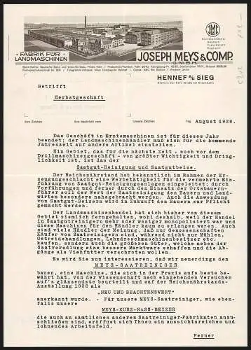 Rechnung Hennef a. d. Sieg 1936, Joseph Meys & Comp. GmbH, Fabrik für Landmaschinen, Totalansicht der Fabrikanlage