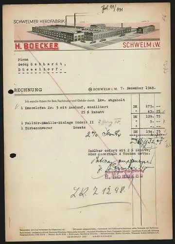 Rechnung Schwelm i. W. 1948, H. Boecker, Schwelmer Herdfabrik, Modellansicht von Hauptwerk I und Werk II