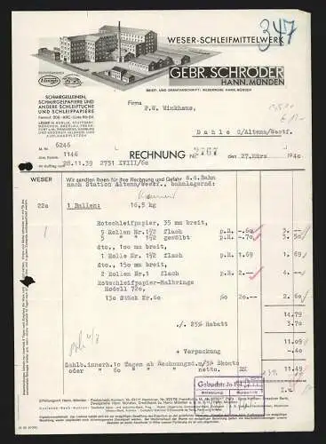 Rechnung Hann. Münden 1940, Gebr. Schröder, Weser-Schleifmittelwerk, Modellansicht des Betriebsgeländes, Schutzmarken