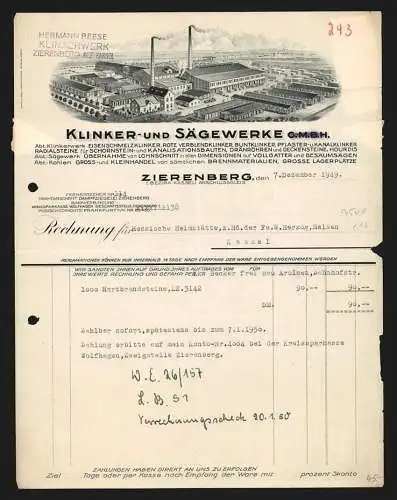 Rechnung Zierenberg 1949, Klinker- & Sägewerk GmbH, Gesamtansicht der Fabrikanlage aus der Vogelschau