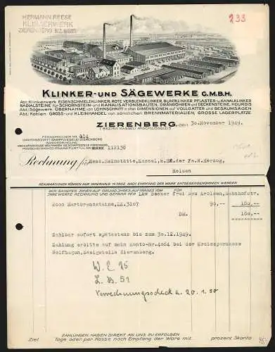 Rechnung Zierenberg 1949, Klinker- & Sägewerk GmbH, Gesamtansicht der Betriebsanlage aus der Vogelschau