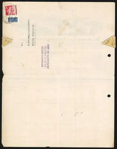 Rechnung Zierenberg 1949, Klinker- & Sägewerk GmbH, Gesamtansicht der Betriebsanlage aus der Vogelschau