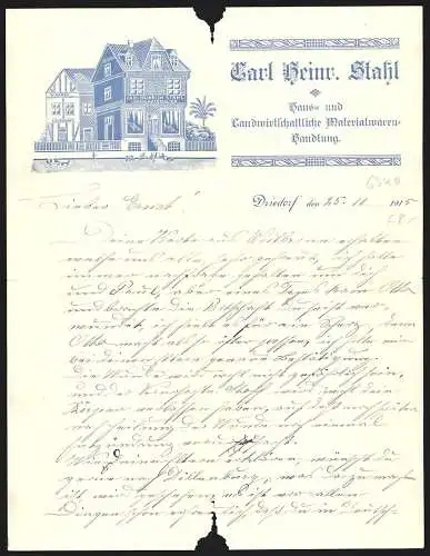 Rechnung Driedorf 1915, Carl Heinr. Stahl, Haus- und Landwirtschaftliche Materialwaren-Handlung, Das Geschäftshaus