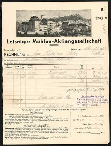 Rechnung Leisnig 1932, Leisniger Mühle-AG, Das Fabrikgelände mit Betriebshof an einem Hügel
