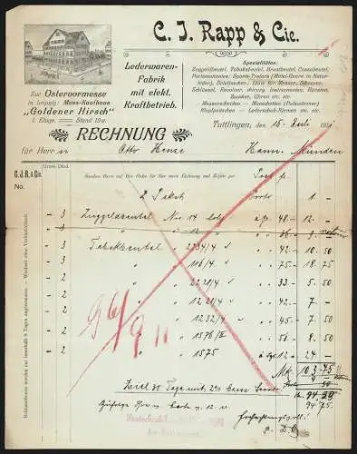 Rechnung Tuttlingen 1911, C. J. Rapp & Cie., Lederwaren-Fabrik, Geschäftsgebäude an einer Strassenecke