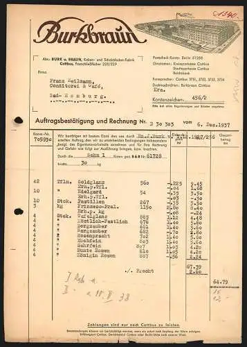 Rechnung Cottbus 1937, Burkbraun Kakao- und Schokoladenfabrik, Modellansicht der Fabrikanlage