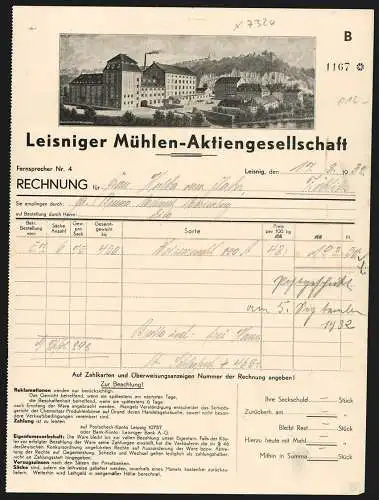 Rechnung Leisnig 1932, Leisniger Mühlen-AG, Das Betriebsgelände mit Innenhof an einem Hügel