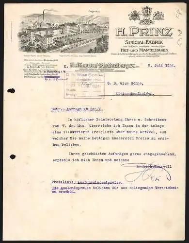 Rechnung Holthausen b. Plettenberg 1924, H. Prinz, Fabrik von Hut- und Mantelhaken, Das Betriebsgelände mit Grünanlage
