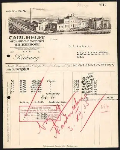 Rechnung Bleicherode 1935, Carl Helft, Mechanische Weberei, Fabrikgelände mit Transportfahrzeugen
