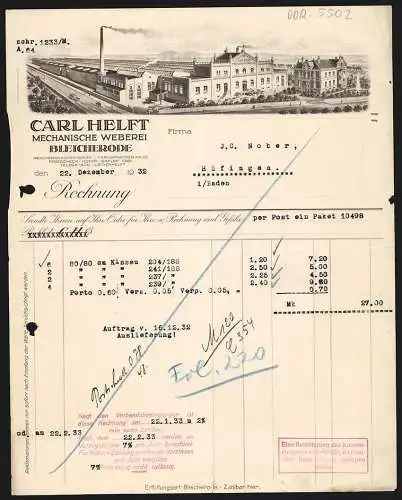 Rechnung Bleicherode 1932, Carl Helft, Mechanische Weberei, Fabrikgelände mit Transportfahrzeugen
