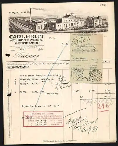 Rechnung Bleicherode 1935, Carl Helft, Mechanische Weberei, Betriebsgelände mit Transportfahrzeugen