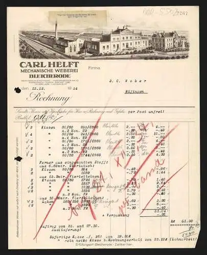 Rechnung Bleicherode 1934, Carl Helft, Mechanische Weberei, Fabrikgelände mit Transportfahrzeugen