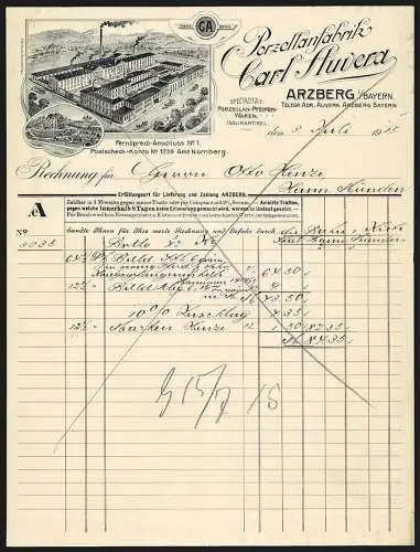 Rechnung Arzberg i. Bayern 1915, Carl Auvera, Porzellanfabrik, Ansicht des Betriebsgeländes und Stammhauses, Fabrikmarke