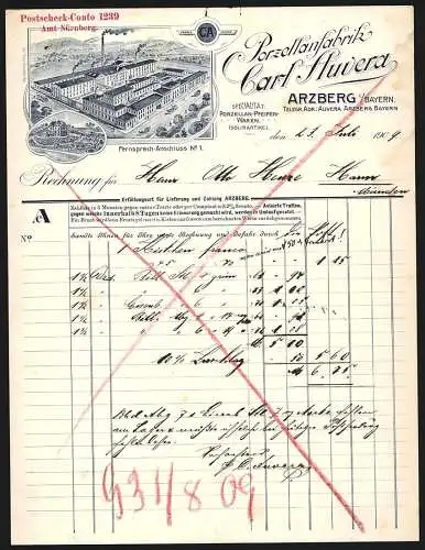 Rechnung Arzberg i. Bayern 1909, Carl Auvera, Porzellanfabrik, Ansicht des Betriebsgeländes und Stammhauses, Fabrikmarke