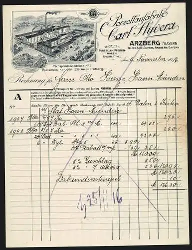 Rechnung Arzberg i. Bayern 1916, Carl Auvera, Porzellanfabrik, Ansicht des Fabrikgeländes und Stammhauses, Fabrikmarke