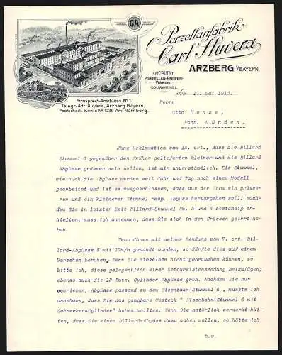 Rechnung Arzberg i. Bayern 1915, Carl Auvera, Porzellanfabrik, Ansicht des Werksgeländes und Stammhauses, Fabrikmarke