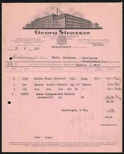 Rechnung Balingen 1928, Georg Strasser, Schuh-Fabrik, Frontalansicht der Betriebsgebäude, Fabrikmarke