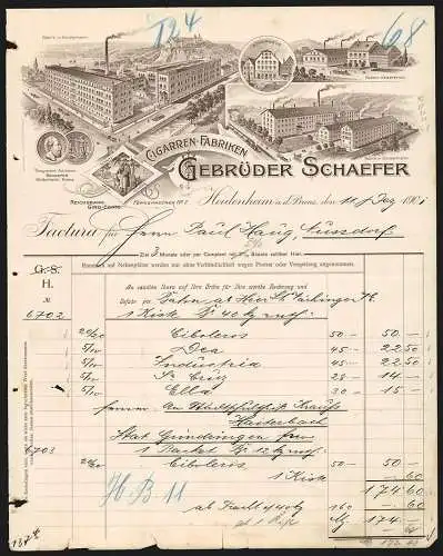 Rechnung Heidenheim a. d. Brenz 1901, Gebrüder Schaefer, Cigarren-Fabriken, Ansichten verschiedener Niederlassungen