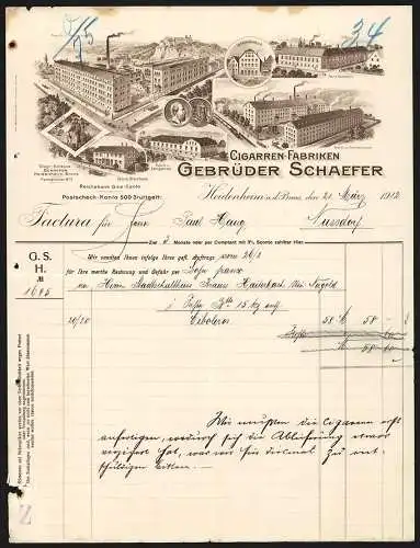 Rechnung Heidenheim a. d. Brenz 1912, Gebrüder Schaefer, Cigarren-Fabriken, Ansichten verschiedener Niederlassungen