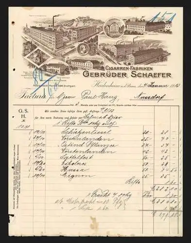 Rechnung Heidenheim a. d. Brenz 1913, Gebrüder Schaefer, Cigarren-Fabriken, Ansichten verschiedener Niederlassungen
