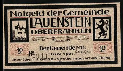 Notgeld Lauenstein /Oberfranken 1921, 10 Pfennig, Felsen, Statue eines Geistlichen