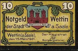 Notgeld Wettin a. Saale 1921, 10 Pfennig, Burg Wettin, Stadtwappen
