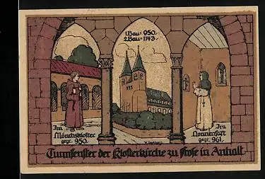 Notgeld Frose /Kreis Ballenstedt 1921, 50 Pfennig, Turmfenster der Klosterkirche, Im Mönchskloster gegr. 950
