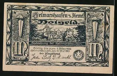 Notgeld Helmarshausen a. d. Diemel 1921, 1 Mark, Schmied Helmbrecht treibt dem Tod Nägel duch Hände und Füsse