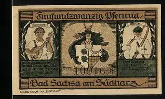 Notgeld Bad Sachsa am Südharz 1921, 25 Pfennig, Lautenspieler im Sommer, Skifahrer im Winter, Wappen