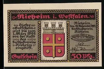 Notgeld Nieheim i. Westfalen 1921, 50 Pfennig, Stadtwappen