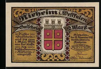 Notgeld Nieheim i. Westfalen 1921, 2 Mark, Stadtwappen