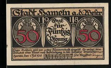 Notgeld Hameln a. d. Weser 1918, 50 Pfennig, Rattenfänger führt die Kinder aus der Stadt