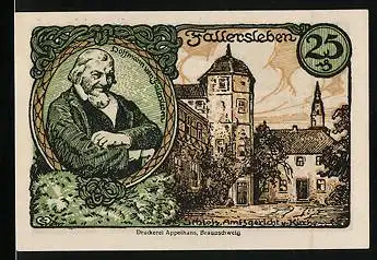 Notgeld Fallersleben 1920, 25 Pfennig, Schloss, Amtsgericht und Kirche, Hoffmann von Fallersleben