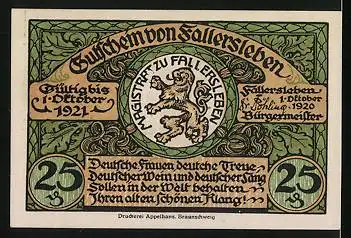 Notgeld Fallersleben 1920, 25 Pfennig, Schloss, Amtsgericht und Kirche, Hoffmann von Fallersleben