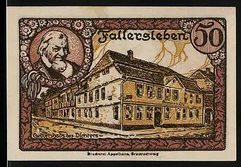 Notgeld Fallersleben 1920, 50 Pfennig, Hoffmann von Fallersleben, Geburtshaus des Dichters