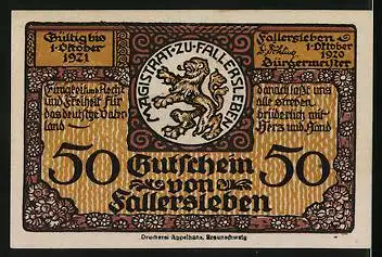 Notgeld Fallersleben 1920, 50 Pfennig, Hoffmann von Fallersleben, Geburtshaus des Dichters
