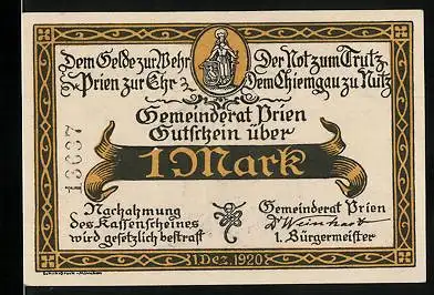 Notgeld Prien a. Chiemsee, 1 Mark, Frau mit Wappen