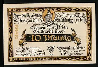 Notgeld Prien a. Chiemsee, 10 Pfennig, Teilansicht mit Kirche
