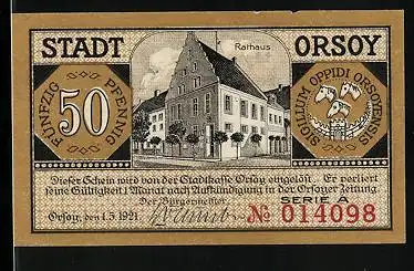 Notgeld Orsoy 1921, 50 Pfennig, Rathaus, Stadtwappen