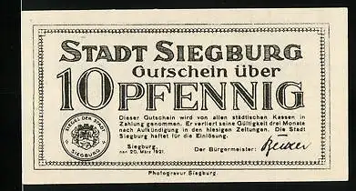 Notgeld Siegburg 1921, 10 Pfennig, Stadtwappen, Stadtsiegel