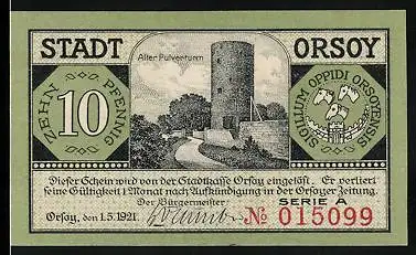 Notgeld Orsoy 1921, 10 Pfennig, Alter Pulverturm, Stadtsiegel