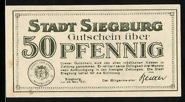 Notgeld Siegburg 1921, 50 Pfennig, Stadtsiegel
