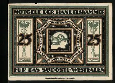 Notgeld Arnsberg 1920, 25 Pfennig, Hermessymbolik und Wappen